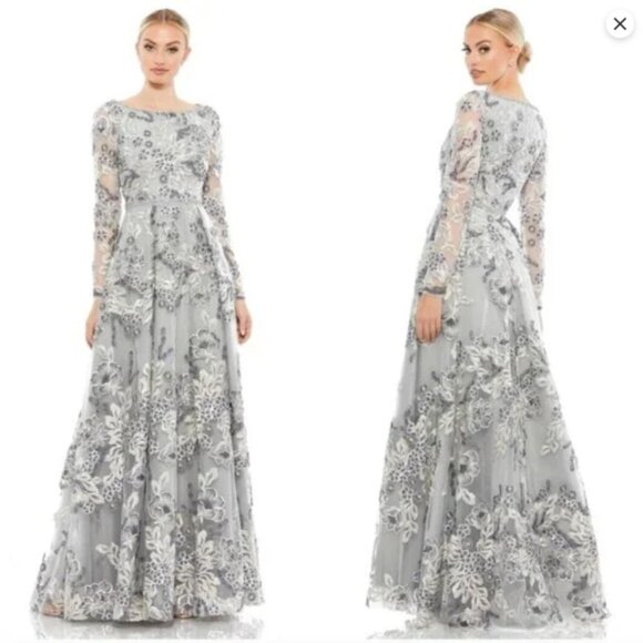 MAC DUGGAL 11185 FLORAL EMBELLISHED ILLUSIONS SLEEVE A-LINE PLATINUM GOWN sz 10 - Picture 1 of 3